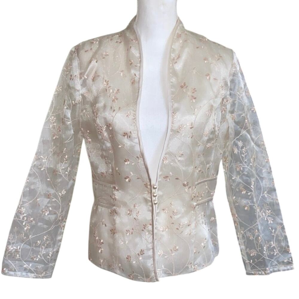 Vintage Women's Sheer Organza Long Sleeve Blazer Buttons Floral Embroidery Beige